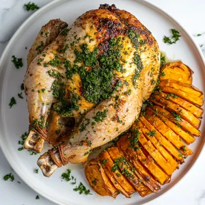 A golden brown, crispy roasted chicken sitting majestically on a white plate. Half of it basted in a vibrant green Parsley butter, the other half revealing the juicy, well-roasted meat inside. Accompanied by caramelized sweet potato Hasselback, crisped to perfection on top fading into a softer, luscious orange in the middle. A sprinkle of bright green, finely chopped parsley dots the plate adding a pop of color.