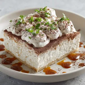 A luxurious square slice of cake on a pristine white plate, soaked in three kinds of milk but with a visible fluffiness. The rich, creamy cake is generously topped with dollops of cinnamon whipped cream, dusted with cocoa powder, and garnished with fresh chopped parsley root. The plate is decorated with drizzled dulce de leche, adding to the mouthwatering aesthetic.