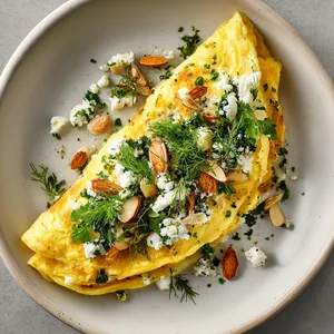 Golden omelette topped with bright, vibrant green herbs, crumbles of creamy white goat cheese, and slithers of toasted almond glinting gently. Encased within, soft and pale yellow parsnips tumble in a hidden treasure surprise.