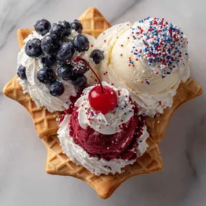 Looking from above, you'll see a star-shaped scoop of each ice cream placed next to each other on a crisp waffle cone. Indigo blueberries contrast beautifully against white vanilla and red strawberry ice cream, accentuating the dollops of fluffy whipped cream, a sprinkling of red-white-and-blue sprinkles, and topped off with a cherry.