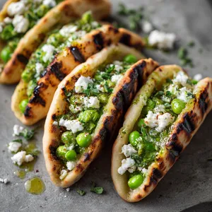 Each pita pocket is a countryside summer picnic in bite-sized form. The peas lend a vibrant pop of green contrasted by white crumbled feta. The grilled pita has a golden-brown hue and you can see the drizzle of shiny lemon-herb oil exuding a mouth-watering aroma.