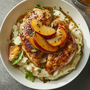 The golden-brown chicken breast, lightly charred in places, sits atop a bed of herbed mashed potatoes. Plumpy, sliced peaches draped over the chicken emit a soft, rosé hue. A ring of shallot-infused white wine sauce encircles the dish, speckled with herbs, augmenting the overall allure.