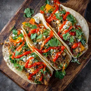 From above, see 3 partially overlapping soft tortillas filled with grilled, colorful peanut-crusted cotija cheese steak strips. Each taco is garnished with bright, fresh cilantro and drizzled with a vibrant red chili sauce. Altogether, it forms a visually impactful triangular arrangement on a rustic wooden platter.