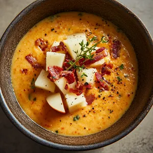 A creamy, golden-orange bisque dotted with thin, curled shards of crisp bacon on top. Cubes of soft, white pear float amidst a light sprinkling of vibrant, ruby-red sundried tomatoes. A sprig of tarragon resting lightly on top is the finishing touch to this picturesque dish.