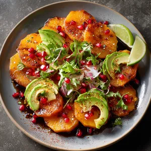 The plate is a carnival of colors: the golden hues of rum-soaked persimmon contrast exquisitely with the vibrant green avocado and crimson pomegranate seeds. Finished with a dusting of spice and a drizzle of zesty lime dressing, it looks like an edible sunset.