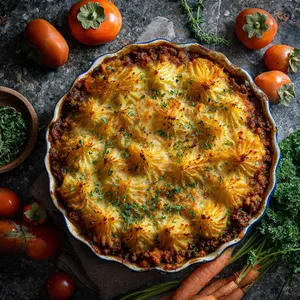 Golden-brown potato peaks dotted with an enticing flush of persimmon color, surrounded by rustic edges of the dish, revealing layers of colorful veg and succulent ground meat beneath.