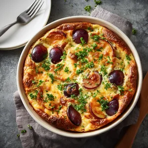 Looking at the dish from above, one sees a beautiful contrast of dark and light: golden baked dough spotted with patches of a bright sunset hue due to the infused plums. The melting cheddar cheese and a dusting of fresh parsley greens makes it truly a sight that will stimulate your appetite.