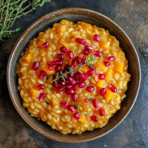 A vibrant palette of airalin orange risotto, dotted with glistening ruby red pomegranate seeds, and garnished with a sprig of fragrant fresh thyme. The dish is contrasted against a rustic artisanal plate, providing a true feast for the eyes.