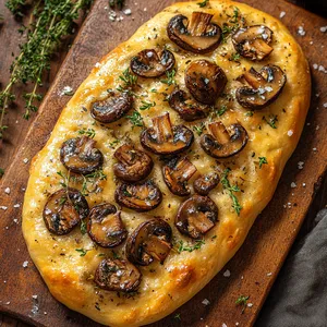 The oval-shaped focaccia is topped with a flourish of Portobello mushrooms, scattering of fresh herbs, and a dusting of flaky sea salt. It is golden brown at the edges, and the rustic scoring on the surface contrasts beautifully with deep brown mushroom slices, creating an aesthetically pleasing and mouth-watering view from above.