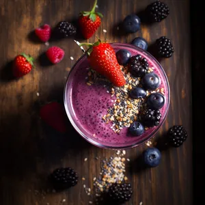 A rich, deep purple smoothie in a tall frosty glass with a striped straw. It's topped with a light sprinkle of chia seeds and a small slice of banana. Surrounding the glass are vivid, scattered berries and chia seeds on a rustic wooden table.