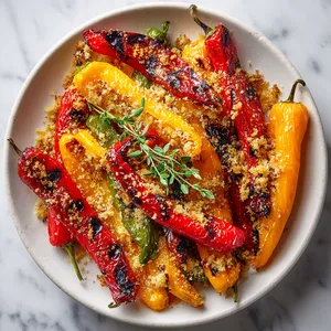 From above, you'll see a vibrant mix of grilled peppers in fiery red, sunny yellow, and stunning orange, charred slightly with visible grill marks. A golden bread crumb mixture is sprinkled on top, giving it an appealing, rustic look. It's garnished with a spring of fresh thyme, which provides a lovely green contrast.