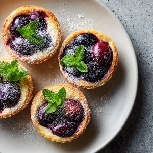 Four round individual tarts fill the plate. Their golden crust wrap around a vibrant purple plum filling. Light dusting of powdered sugar and garnished with vibrant mint sprigs add contrast.