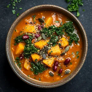 Golden-hued chunky soup teeming with bright green kale, red kidney beans, and flecks of carrot. A sprinkling of toasted pumpkin seeds adds a surprising crunch, while crisp parsley leaves gently scattered on top add contrast. The soup sits in a rustic ceramic bowl, making the color pop even more against the dark background - a feast for the eyes.