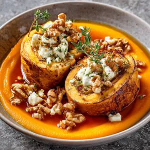 A duo of pumpkin rolls peeks out of a pool of earthy orange pumpkin puree. The rolls are generously stuffed with crumbled goat cheese, garnished with toasted smoky walnuts scattered around. A sprig of fresh thyme on top adds a pop of color.