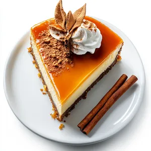 The finished dish is a gorgeous tall cheesecake with a glossy caramel top. It sits on a white, round platter, the contrast emphasizing the dessert's warm orange hue. A sprinkling of crushed graham crackers and a dollop of whipped cream with a cinnamon stick gently laid on the side embellish the cheesecake.