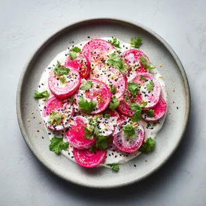 The vibrant magenta radishes popping against the snowy white yogurt dressing, garnished with a dusting of nigella seeds and emerald chopped cilantro leaves on a minimalist ceramic plate, present an appealing sight begging to be shared on Instagram.