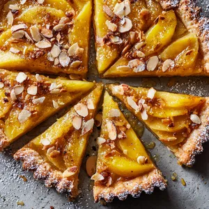 Imagine a golden-brown, flaky pastry crust filled with brilliant yellow quince slices, all bathed in a golden amber-hued honey syrup, sprinkled with toasted almonds and flecks of vibrant citrus zest. A dusting of powdered sugar gives it a look of being lightly kissed by winter.