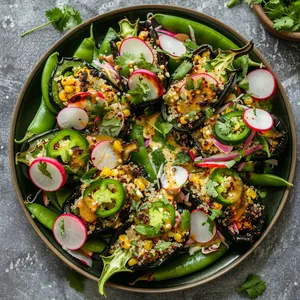 The stuffed poblano peppers sit boldly in the center of the plate, their dark green skin charred and blistered. Inside, you can see a colorful mix of quinoa, corn, and black beans. Around the peppers, a ring of vibrant green snow peas slaw with thin slices of radishes and a smattering of cilantro leaves. Everything is drizzled with a zesty lime dressing that brings the dish together.