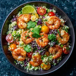 A vibrant plate showcasing a heap of colorful, grain-like cauliflower 'rice' dotted generously with coral-colored shrimp. Bright hues of purple, white, green, and orange from the vegetable melange peep through, with occasional hits of red from cherry tomatoes. It's all garnished with fresh green cilantro and a lime slice.