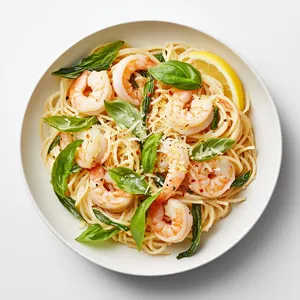 A symphony of bright, contrasting colors greets the eye: plump, pink shrimp nestle on a bed of glistening, olive oil glossed spaghetti, speckled with delicate flecks of bright green ramp and warm gold lemon zest. A sprig of fresh basil, a dusting of Parmesan, and a the optional red chili flakes complete the picture. Every element of the dish is curated to look as vibrant and fresh as it tastes.