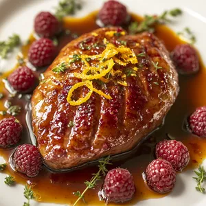 The rich auburn of the cooked duck is aesthetically contrasted by the bright colorful raspberry-orange glaze that lively drips down its sides. On a white or neutral-toned plate, a twirl of orange zest sits atop the glistening duck, while fresh raspberries and green herbs scatter around it, providing an immediate feast for the eyes.