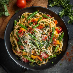 A vivid medley of rich, colorful vegetables atop al dente linguini. Fresh green beans scatter the pile for a visually appealing crunch. A sprinkling of Parmesan cheese slowly melting into the warmth, contrasting with the bright colors. Cilantro leaves add to the aesthetic appeal.