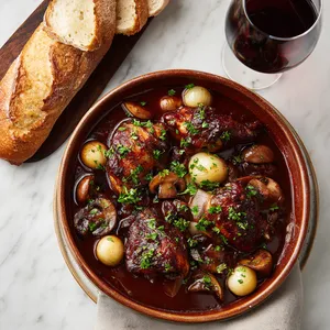 A beautiful earthenware dish cradling succulent pieces of chicken bathed in a deep burgundy red wine sauce, studded with glistening pearl onions, golden mushrooms, and specks of green parsley. A side crusty baguette and a glass of red wine complete the picture.