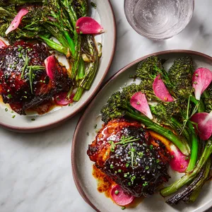 From above, two plates show lacquered mahogany chicken thighs beside deeply charred broccoli florets, scattered pink radish ribbons, a swipe of pale buttermilk-herb sauce, glossy barbecue drips, and a finish of chopped chives and flaky salt on a light plate.
