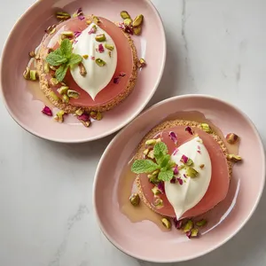 From above, two shallow plates each hold a glossy blush-pink swoosh of rhubarb compote topped with a quenelle of ivory crème fraîche chantilly, leaned against a golden almond sablé. Finishing touches of chopped pistachio, tiny mint leaves, and a few edible petals create a refined pastel, springtime composition.