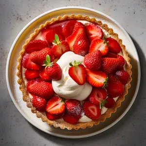 A circular tart with a fluffy ricotta filling and fresh sliced strawberries on top.