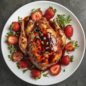 A golden, glistening roast chicken takes the center of the white plate, covered in a vibrant red strawberry glaze that pools around the plate's edges. Slices of fresh, glossy strawberries are scattered artistically around the chicken, with a few sprigs of fresh green herbs adding contrast.