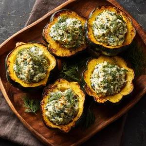 The finished dish gleams under dim light, golden-yellow, hollow acorn squashes filled with a creamy, green flecked stuffing. The top layer slightly toasted, resting on a wooden platter with fresh sprigs of dill scattered around as garnish.