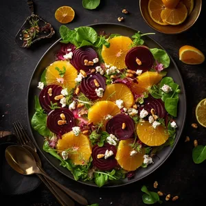 The golden beets, sliced oranges, feta cheese, and pistachios are arranged on a bed of greens and drizzled with the bright, tangy citrus dressing.