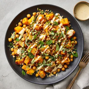 A vibrant dish of golden roasted butternut squash cubes sitting atop a bed of sautéed chickpeas, dotted with pops of green from fresh herbs. A drizzle of creamy tahini dressing offers a final touch of elegance.