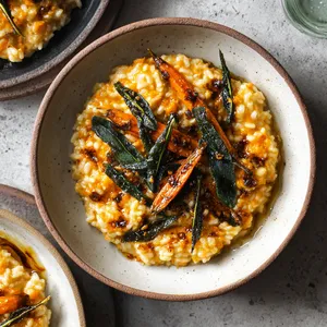 A beautiful porcelain bowl is filled with a visually striking golden risotto, speckled with highlights of roasted carrots. The risotto is shimmering, slightly creamy. On top, a scattering of deep green crispy fried sage leaves adds contrast, with a final drizzle of dark amber brown butter creating a stunning feast for the eyes.