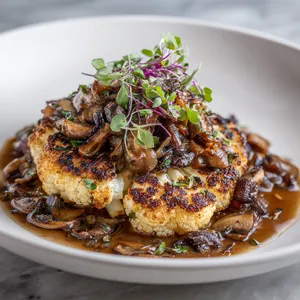 A beautifully charred round cauliflower steak commands attention in the center of a pristine white plate, topped with sautéed mix of vibrant chestnut, oyster, and cremini mushrooms. The ragout pools around the steak, matte brown and speckled with slivers of thyme. A garnish of microgreens adds a pop of color to this comforting dish.
