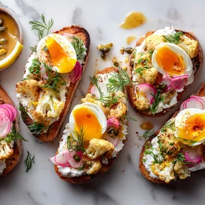 From above, four open-faced tartines on a platter, each layered with cloud-like white chèvre cream, deeply golden cauliflower florets, halved jammy eggs with glowing yolks, thin pink radish slices, scattered chives and dill, capers, lemon zest, and glossy amber butter drizzled artistically over toasted bread.