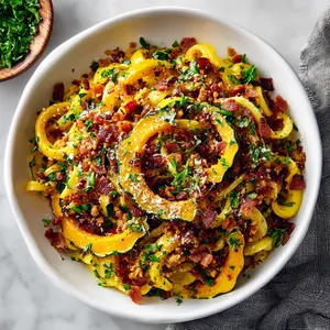 The dish is a vibrant canvas of rich fall colors. The deep golden hue of the roasted Delicata squash mingles with pale yellow pasta strands, creating a beautiful contrast. It's studded with pops of fresh green from chopped herbs. The top boasts lightly browned crumbled bacon lending a rustic feel, while a spritz of lemon zest adds a bright note.
