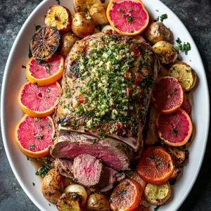 A beautifully bronzed, juicy lamb roast sits center on a simple white platter. It is generously dusted with a bright, green gremolata, and surrounded by glistening slices of pink pomelo, punctuated by an assortment of seared, jewel-toned root vegetables that lend a warm and rustic feel. The image captures the essence of a cozy winter meal with an unexpected twist.