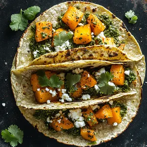 Glistening, vibrant green poblano pesto taints the taco tortillas, it's nearly translucent and spangled with chili flakes. Juicy, oven-roasted winter squash chunks in deep orange are generously scattered in the middle. The squash and pesto are enfolded in the soft, warm embrace of the fresh tortilla. A sprinkle of crumbled, white cheese and a smattering of emerald cilantro leaves tops it all off.