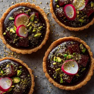 Four individual tarts, each with a crispy golden-brown pastry shell filled with glossy, rich dark chocolate ganache that nestles chunks of candied radish. Each is finished with a sprinkling of crushed pistachios, a sprinkle of edible gold dust, and a thin radish slice for garnish, providing pops of red and green color against the dark chocolate.