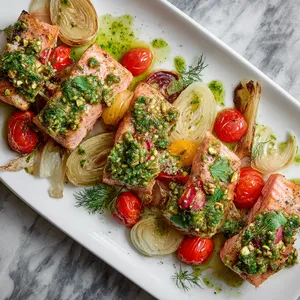 From above, a wide white platter holds four blush-pink salmon fillets over caramelized fennel wedges, scattered with glossy burst cherry tomatoes. Vivid green salsa verde is spooned in painterly streaks, finished with pistachio crumbs, lemon zest, and delicate cilantro leaves for a striking spring palette.
