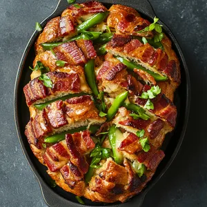 From above, the bread is bronzed and crisp, topped with slivers of shiny, glazed bacon and dotted with the vibrant green of roasted snow peas. There's a tactile appeal in the pull-apart bread where each piece offers a bit of delightful crunch, the smokiness of bacon, and the freshness of snow peas.