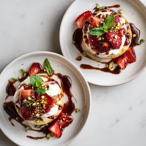 From above, two golden split shortcakes sit on white plates, piled with glossy ruby roasted strawberries and swoops of whipped ivory chèvre cream, finished with dramatic drizzles of deep mahogany black-garlic caramel, scattered pistachios, tiny mint leaves, and a few loose strawberry juices pooling artfully around the base.