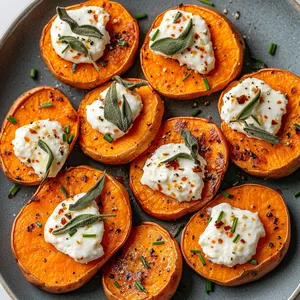 Glistening orange sweet potato rounds form a semi-circle on the plate. A heady, creamy dollop of sage-infused goat cheese graces each round. A scattering of finely chopped chives and a sprinkle of crushed red pepper flakes add a flash of green and red. The potatoes display an enticing char around the edges, and the cheese has a delicate, almost frosty appearance that contrasts beautifully with the warm earthy hues.