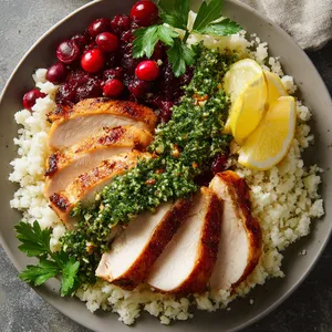 A beautifully plated dish showcasing tender slices of golden roasted turkey against the vibrant green of the fresh cranberry-parsley pesto. The white cauliflower rice serves as a peaceful canvas, elevating the colors of the other components. A few cranberries, parsley leaves, and a lemon wedge garnish the plate, adding extra appeal.