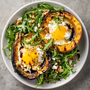 From above, you see half of a delightfully roasted winter squash filled with a shiny sunny-side-up egg in its hollow center. It's sitting on a bed of vibrant green arugula salad, sprinkled with feta crumbles and walnut chunks. Drizzles of balsamic reduction and brown butter hollandaise swirled around complete the picture-perfect brunch.