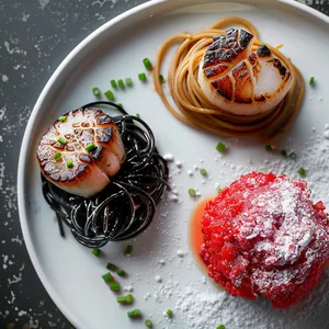 Delicately seared scallops nestle atop a mound of glossy black truffle pasta, tied together with a sprinkle of vibrant green chives from a bird's eye view. Followed by a puffy, bright red raspberry soufflé with a snow-white sprinkle of icing sugar on top.