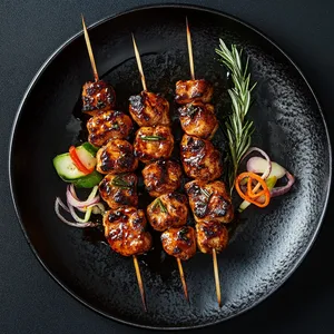 Four perfectly grilled skewers each lined with succulent pieces of chicken, glistening in the smoky rosemary-infused glaze. The skewers are artfully overlaid on a black ceramic plate, an artistic array of colors around them from fresh crisp scallions and garnishes of rosemary sprigs.