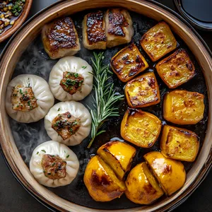 From above, you'll see steamy buns bursting with juicy pork, arranged in a semi-circle around roasted squash segments, glazed in glossy hoisin. The squash gleams invitingly in autumnal hues, while the soft dim sum bear a tantalising glimpse of rosemary speckled pork. A sprig of fresh rosemary in the center, for a nature-inspired touch.